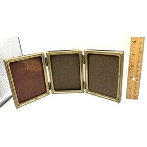 Vintage Folding Triple Hinged Brass Picture Frame W/ Velvet Backing No Glass